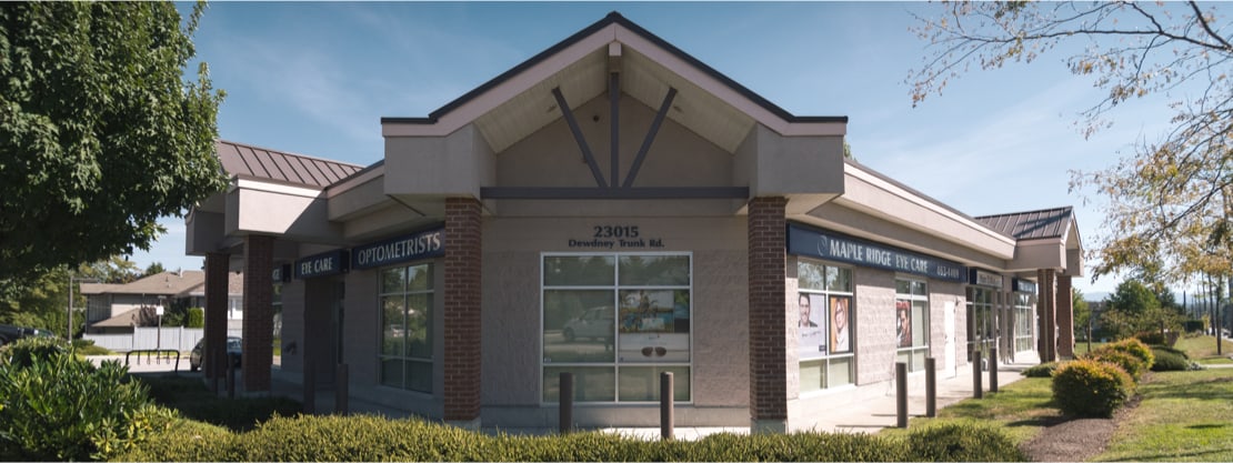 Exterior of Maple Ridge Eye Care located on the corner of Dewdney Trunk Road and 230 Street