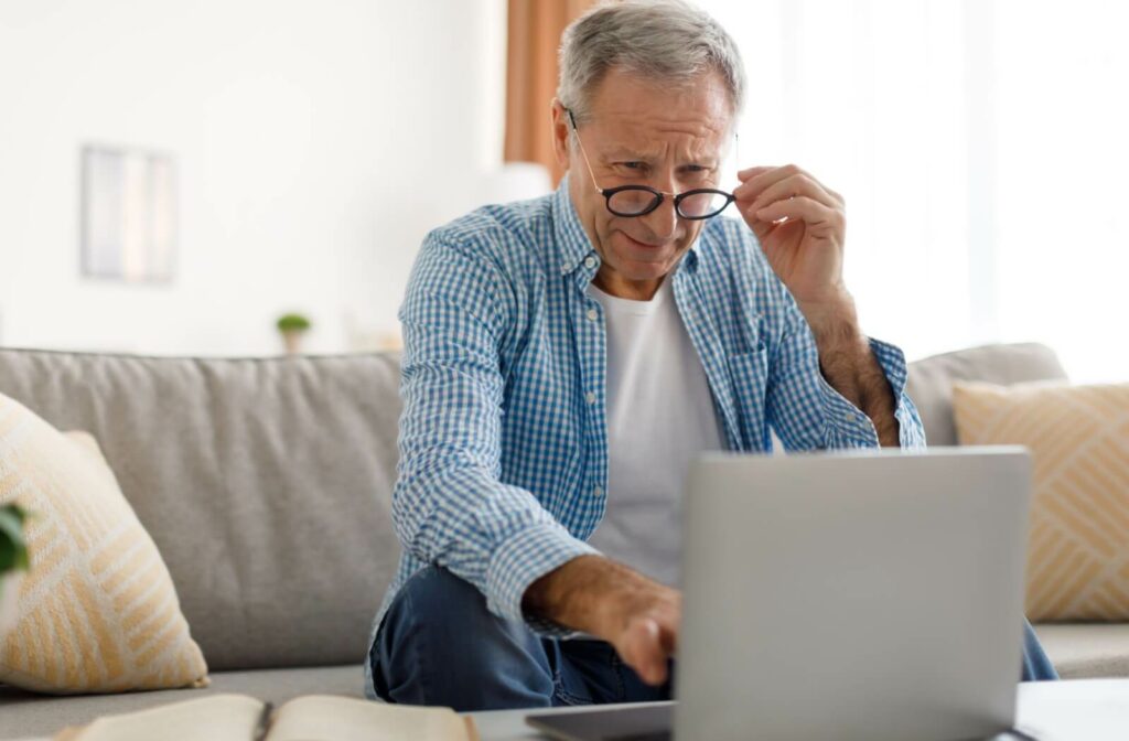 A person over 50 at home struggles to read his laptop even while wearing his glasses.