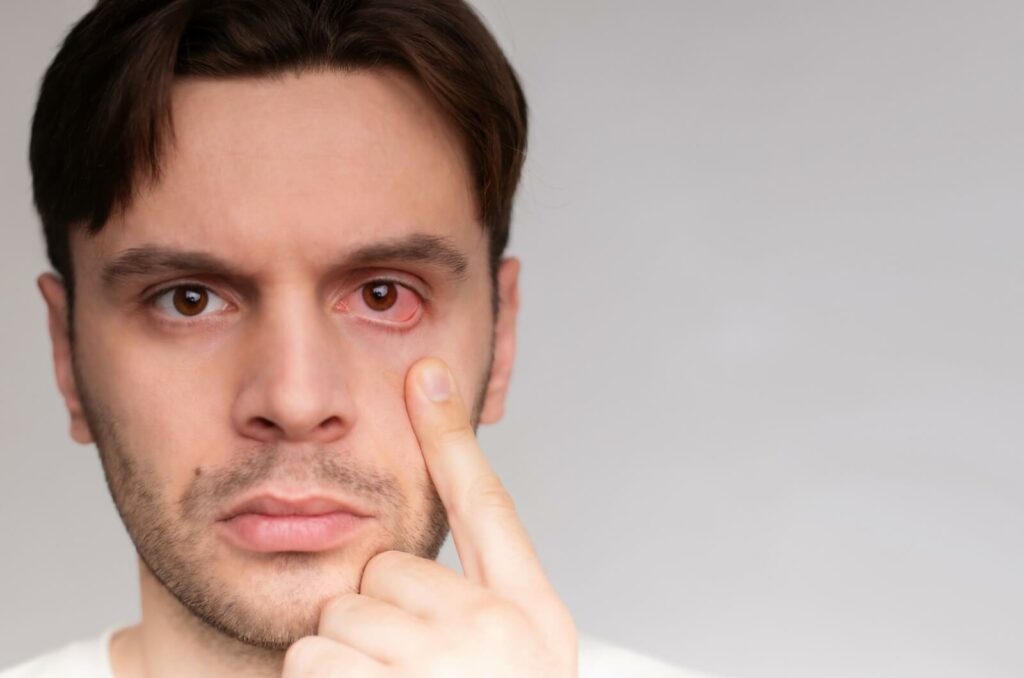 Man with a red, irritated eye pointing to the affected area.