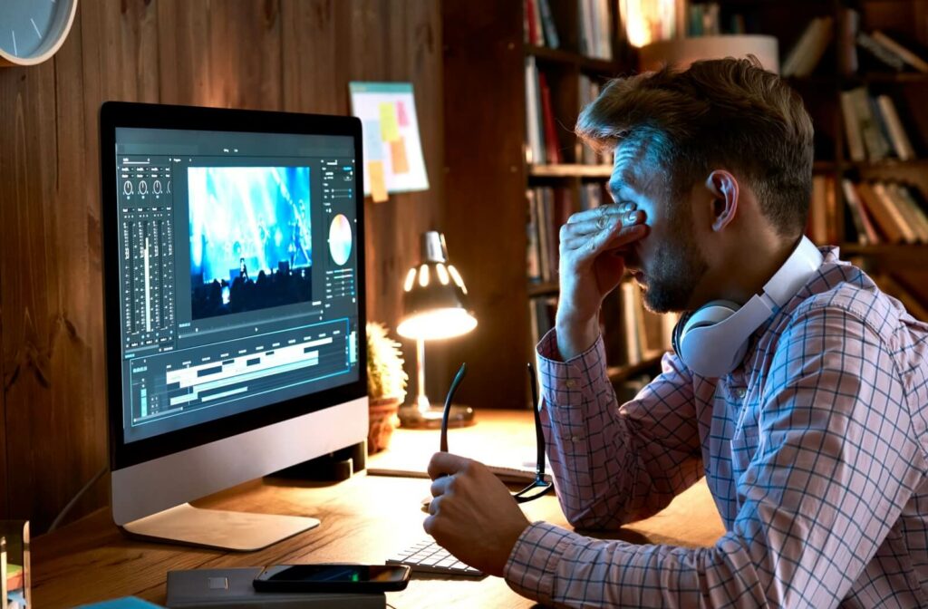 A person with dry eyes while working late on a computer in a dimly lit room, rubbing their eyes and holding their glasses.