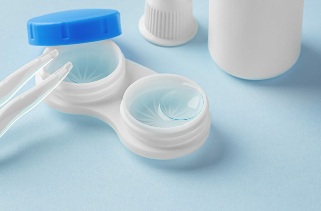 A contact lens case with a pair of lenses, tweezers, and solution bottle on a light blue surface, highlighting proper storage and care.