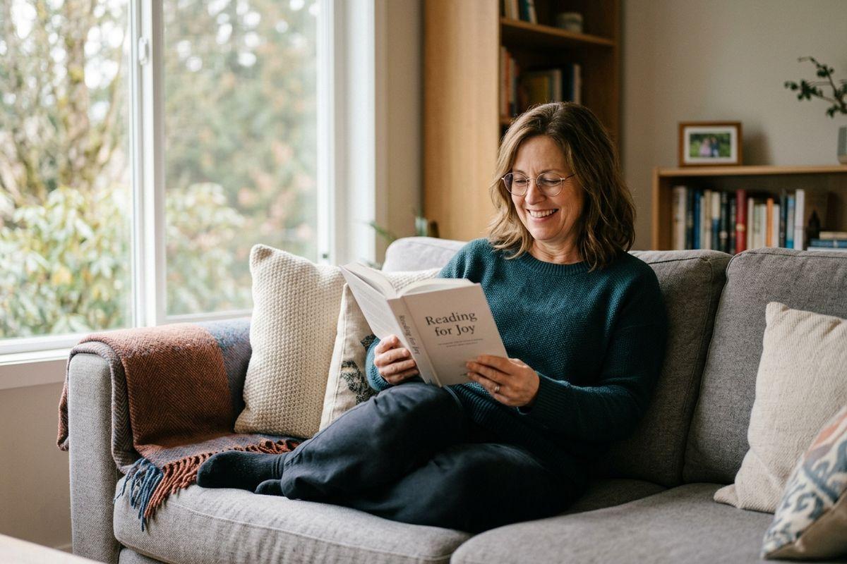 A smiling adult wearing glasses sits on a couch near a window, reading a book titled "Reading for Joy".