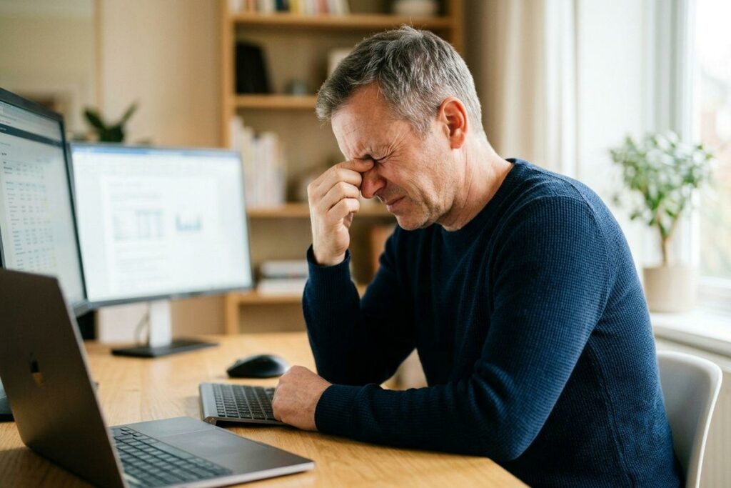An adult sitting at a desk in front of multiple computer monitors pinches the bridge of their nose with closed eyes, looking stressed.