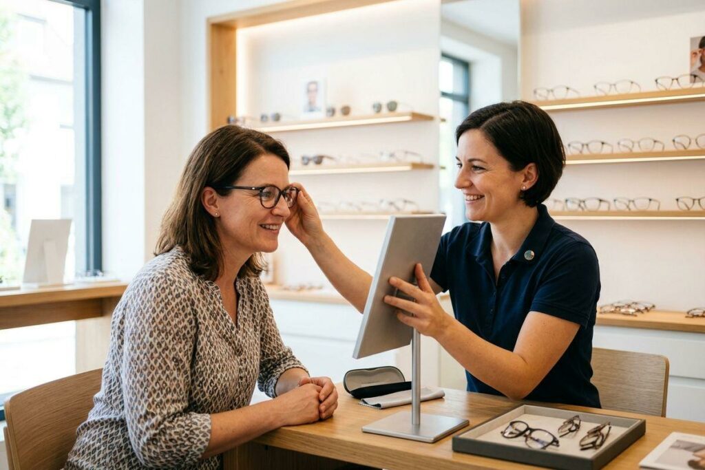 An adult tries on glasses, looking into a small mirror held by a smiling optician in an eyewear store.