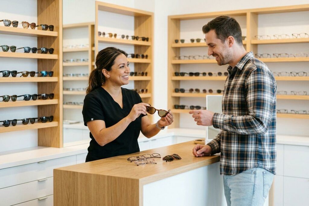 Optician showing sunglasses to a smiling customer at a counter in an eyewear store with shelves of glasses.