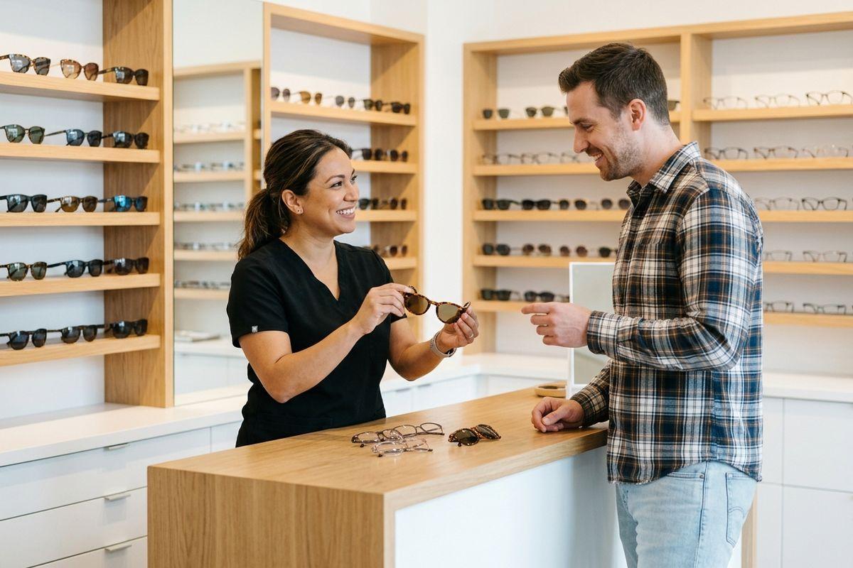 Optician showing sunglasses to a smiling customer at a counter in an eyewear store with shelves of glasses.