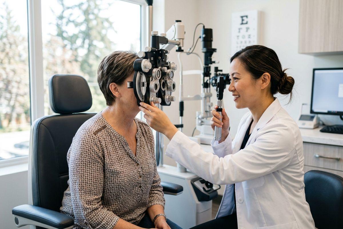 Optometrist adjusts a phoropter over a seated patient's eyes during an eye exam, with an eye chart on the wall behind.