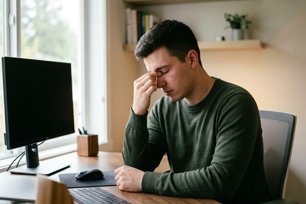 Person at a desk pinching bridge of nose with eyes closed, looking tired, beside a computer monitor.