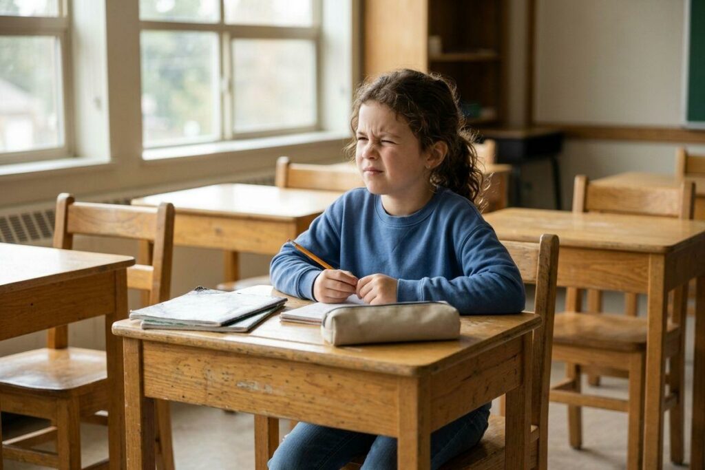 Child squinting toward the front of a classroom while seated at a wooden desk, holding a pencil, with notebooks and a pencil case nearby.