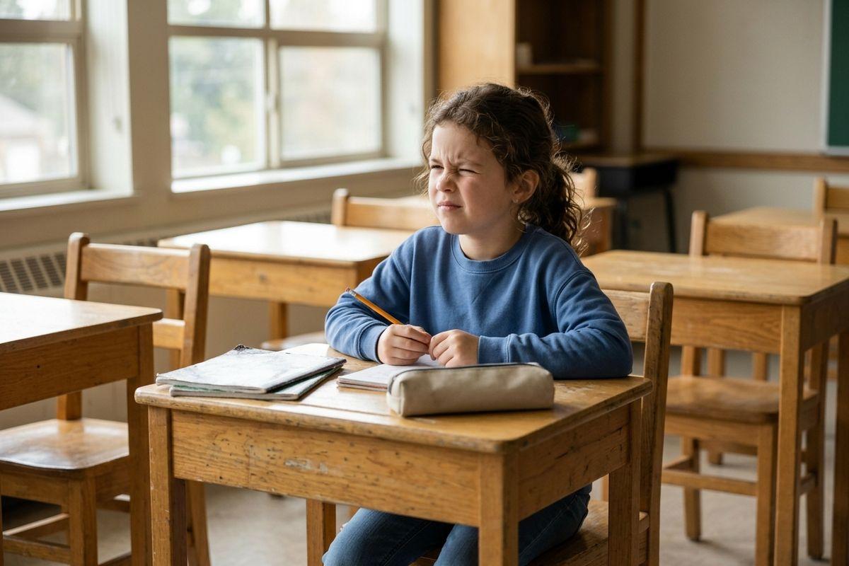 Child squinting toward the front of a classroom while seated at a wooden desk, holding a pencil, with notebooks and a pencil case nearby.