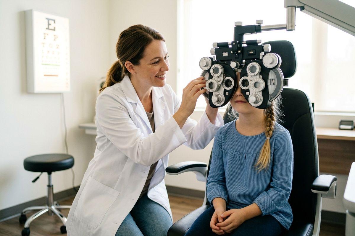 Optometrist adjusts a phoropter for a child during an eye exam, with an eye chart on the wall behind.