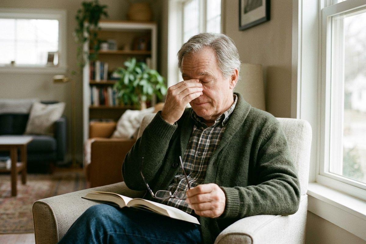 Older adult in an armchair by a window rubs the bridge of their nose, eyes closed, holding glasses with an open book on their lap in a living room.