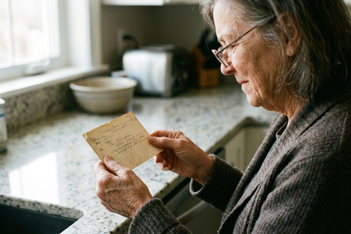 Older adult with glasses smiling while reading a worn handwritten card at a kitchen counter, with a bowl and toaster in the background.